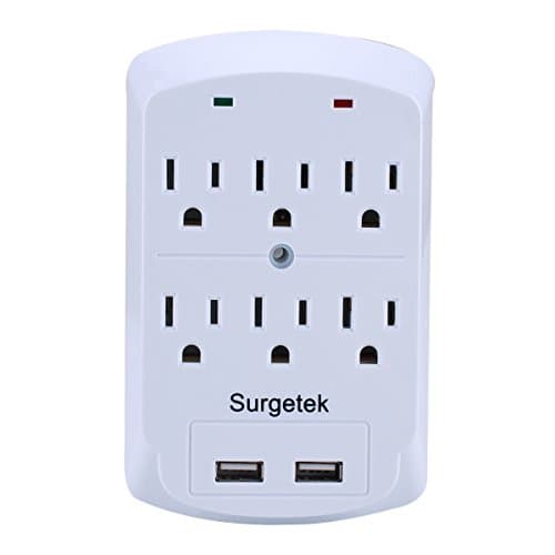 Surgetek Wall Mount 6-Outlet Grounded Surge Protector Extension Outlets Power Strip Tap with 2 USB Charging Charger Port, ETL Listed (6 outlets with 2 USB)