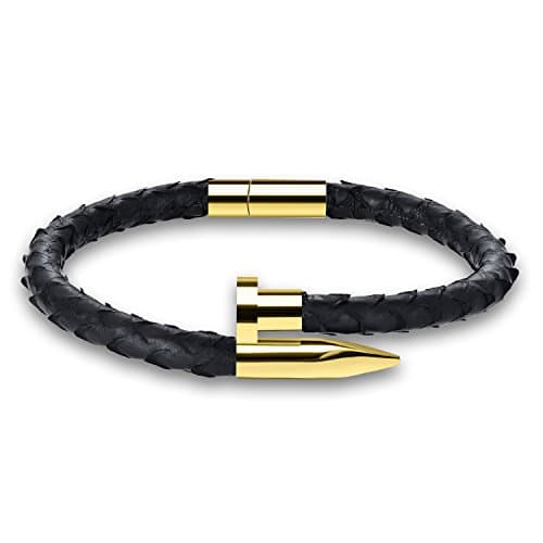 MAGENA Genuine Python Leather Bracelet For Men Black Stainless Steel Gold Nail 18K Plated (8 inch)