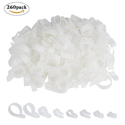 260 Pcs White Nylon R-Type Cable Clamp Fastener Wire Clamp Clips Cable Cord Clip Fixer with 8 different Size for Wire Management