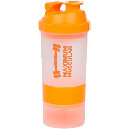 Protein Shaker Bottle By Maximum Muscular, Cup with Extra Storage Compartment for Powders & Pills, Massive 20oz Capacity, Orange