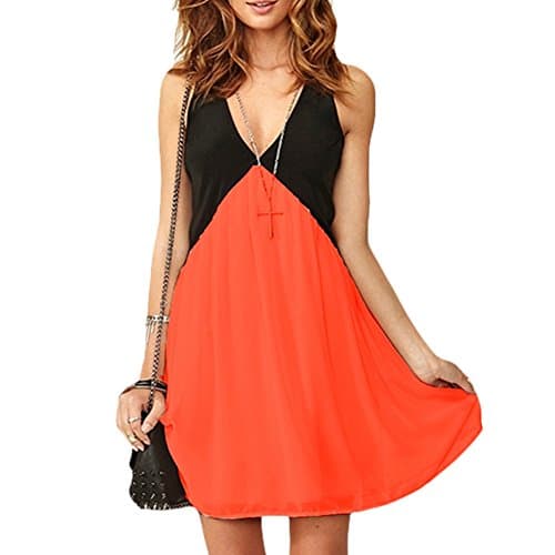 Thanpoo Women's Chiffon Deep V Neck Hollow Out Patchwork Short Party Sun Dress