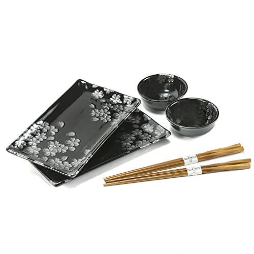Cherry Blossom designed Sushi plate set: 2 rectangle plates, 2 sauce dishes, 2 bamboo chopsticks (BH94-B, BH94-W) (Black)
