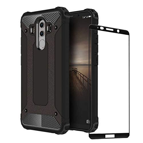 for Huawei Mate 10 Pro case, Hard PC Soft TPU 2 in 1 360 protective armor Shockproof scratch-resistant Durable phone case + Tempered glass DESCHE-Black