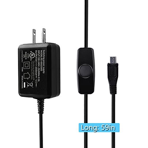 Cooreo Raspberry Pi 3 Power Supply Adapter/Charger DC/AC 5V 2.5A with On/Off Switch, 5 Feet Micro USB Cable Compatible with Raspberry pi 2 3 Model B