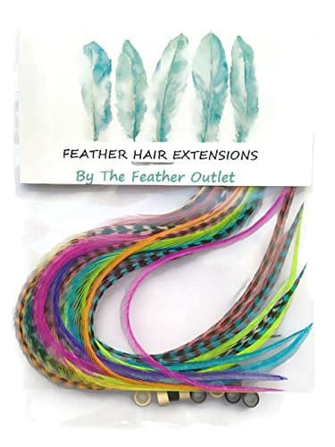 20 Hair Feathers and Beads and loop tool, 100% Real Rooster Feather Hair Extensions, Long Grizzly, Red, Orange, Coral, Yellow, Neon Green, CUSTOM KIT