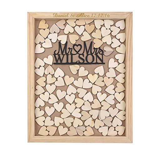 Personalized Engraved Rustic Drop Top Wooden Wedding Guest Book Frame &amp; Customized Mr &amp; Mrs 340x50 CM with 150 Pcs Wooden Hearts