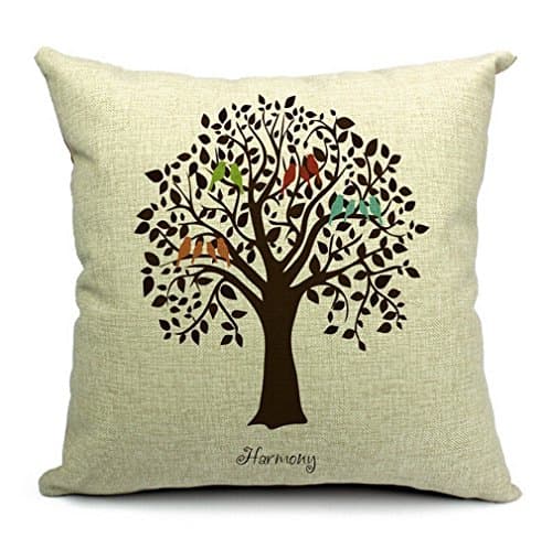 CoolDream Cotton Linen Square Decorative Throw Pillow Case Shell Cushion Cover Bird On Tree (16inch)