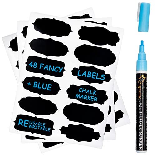 Chalkboard Labels Complete Bundle: 48 Fancy Stickers for jars + Blue Erasable Chalk Marker w/ Reversible Tip - Completely Reusable - Best for Organising Home and Office