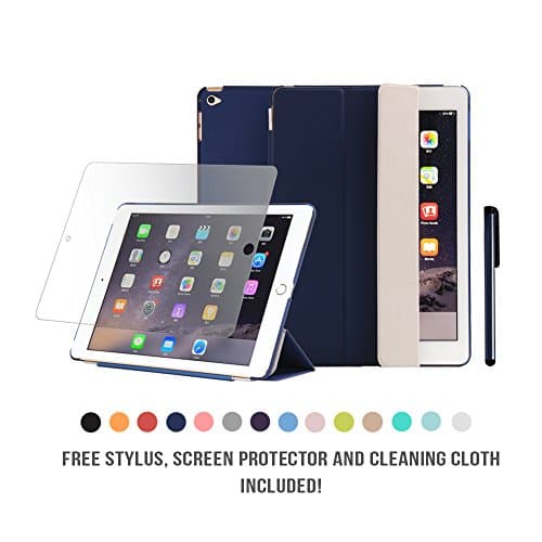 iPad Air 2 Case Auto Lock Magnetic Connection Back Hard Case Cover Smart Wake/Sleep Front StandFront Cover Drop Shock Proof FREE Stylus Screen Protector Cloth for Apple iPad Air 2 [Dark Blue]