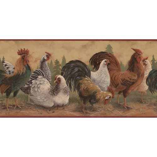 Burgundy Beige Rooster Wallpaper Border