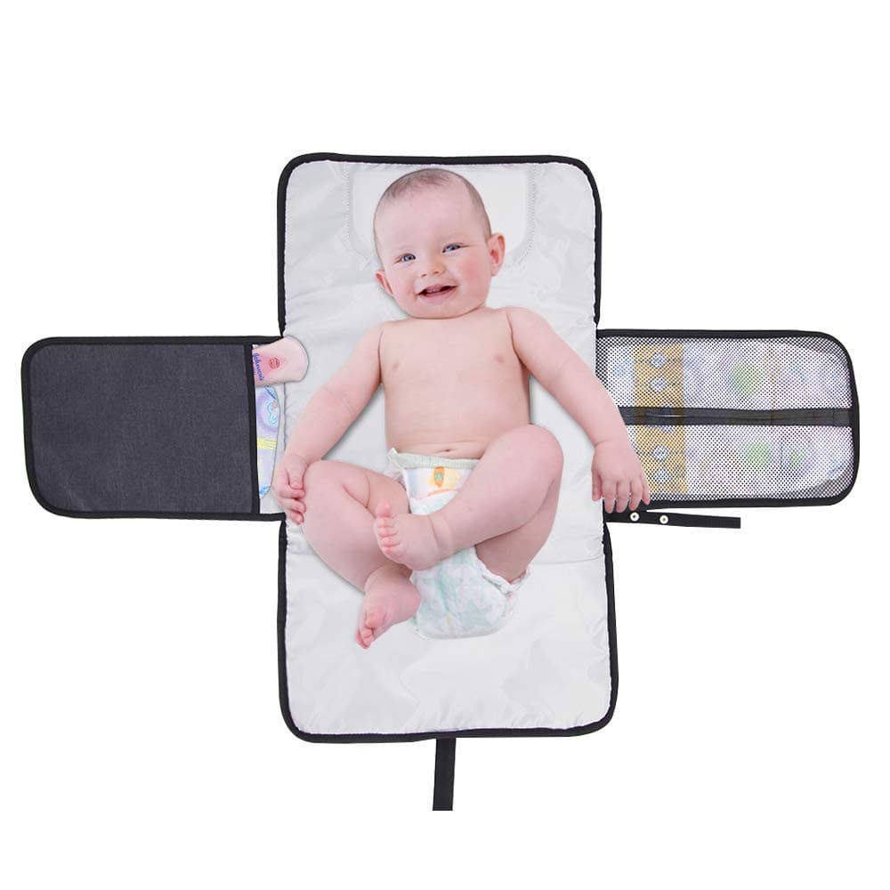 【Upgraded Version】 Portable Diaper Changing Pad - 14" x 23" Waterproof Foldable Mat with Head Cushion and Pockets Baby Infants Changing Station for Travel and Outside by LaBold
