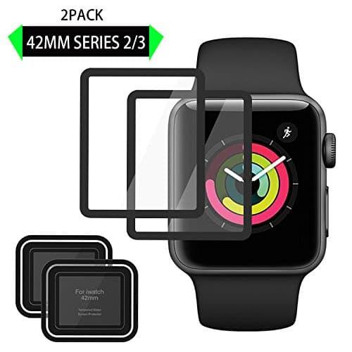[2 Pack] Apple iWatch Screen Protector 42mm,Elinkee [3D Full Coverage] [Anti-Scratch] [High Definition] Premium Tempered Glass Screen Protector for Apple Watch 42mm Series 3/2/1 (Black)