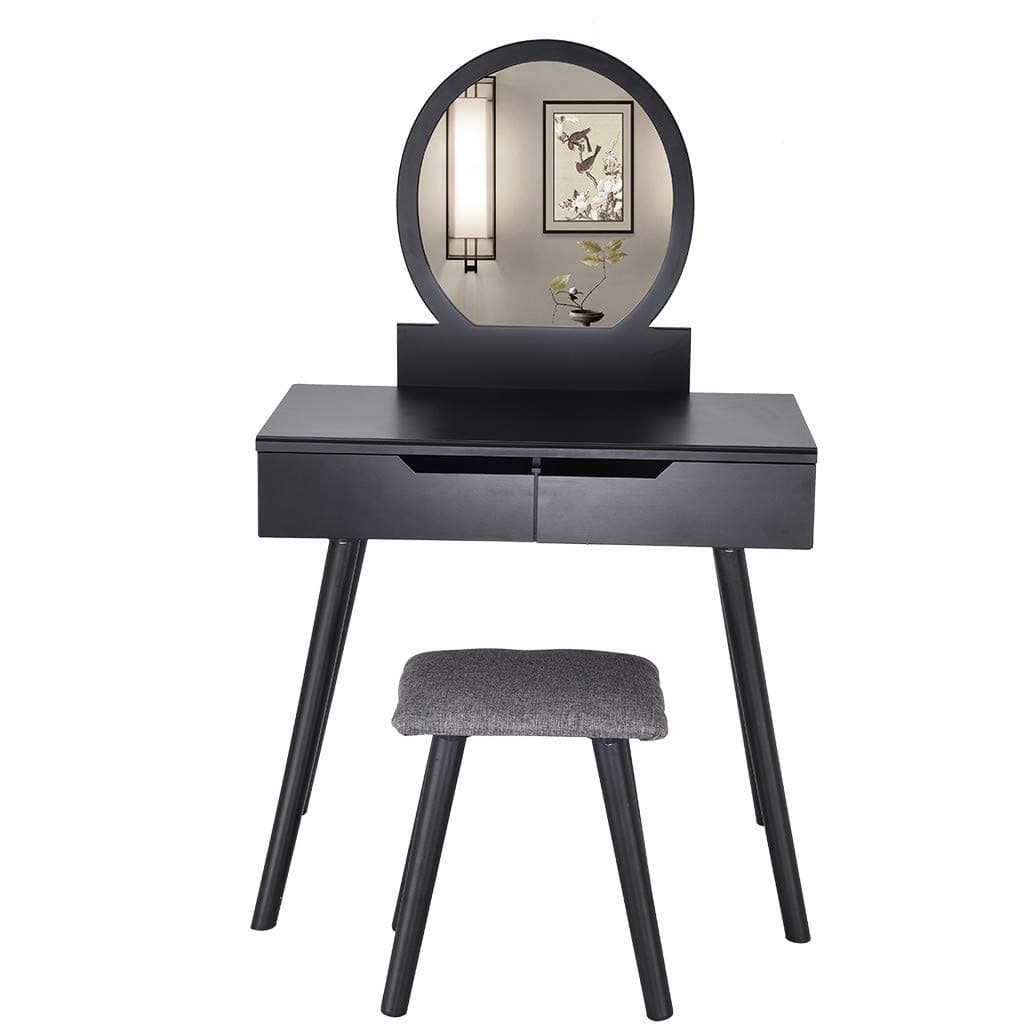 Cayyy Vanity Table Set with Round Mirror Black, Makeup Dressing Table with Cushioned Stool Set and 2 Large Sliding Drawers