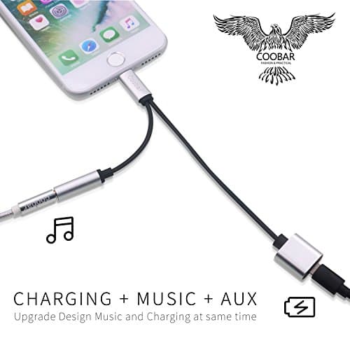 Coobar Original Sound Audio + Charge Adapter for iPhone 7 and iPhone 7 Plus with 3Ft AUX Cable,Metal Shell,4 Color Optional-Silver