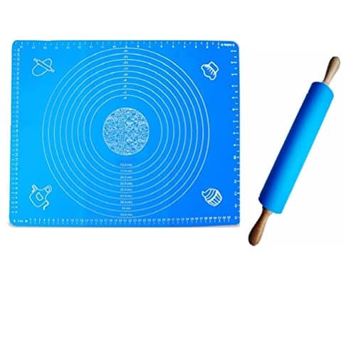 Non-Stick Rolling Pin and Silicone Baking Mat Set (Blue19.7X15.7 IN+Blue1.97X15.15)