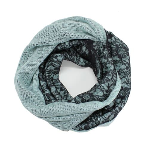 AN-Winter Knit and Black Lace Two Sided Infinity Circle Scarf (Mint)