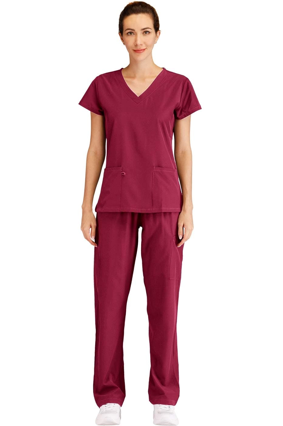 Women's V Neck Solid Stretch Medical Scrub Set Berry M