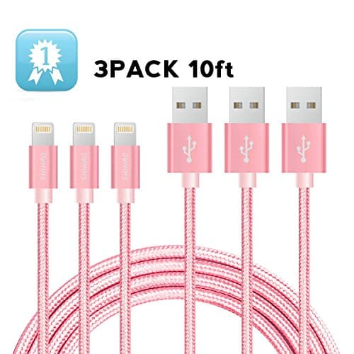 Lightning Cable 10ft,SHJHAO 3Pack Nylon Braided Durable USB Sync and Charging Cable for Apple iPhone 7/6s/6/5s/5/SE,iPad Pro,iPad Air,iPad Mini (Pink)