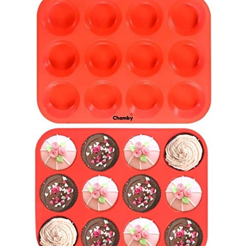 12 Cup Silicone Muffin Quiche Pan - Cupcake Baking Pan/Cake Mold/Nonstick Silicone Mold/Easy to Clean, Non Toxic Bakeware, BPA Free Dishwasher &amp; Microwave Safe by Chamby (Red)