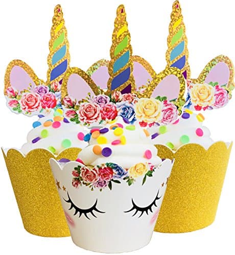 Unicorn Cupcake Topper and Wrapper Decorations, Gold Glitter Wrapper with Large Rainbow Horn Toppers, Perfect for Girls Birthday Party and Baby Shower | Pipers Party Supplies | Set of 24
