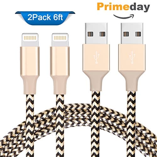 iPhone Charging Cables, 2 Pack 6Ft Elktry Fast Speed Nylon Braided Charger Cord Fast Sync &amp; Data Cable Tangle-Free for iPhone 7 7 Plus 6 6S 6 Plus 6S Plus SE 5S 5C 5 iPad Pro Air iPod (Rippled Gold)