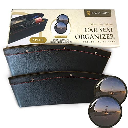 Car Seat Side Organizer with 2 Pockets 2 Pack Premium PU Leather 2 FREE Blind Spot Mirrors Best Side Caddy Gap Filler and Catcher Fits to All Car Models | Keep Your Car Clean | Easy to Install | Black