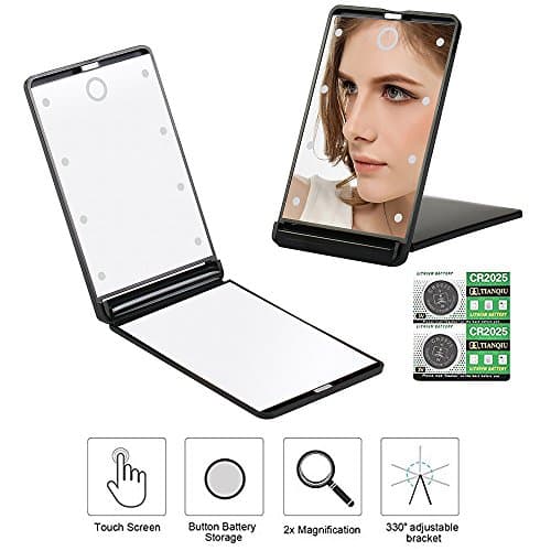 Travel Makeup Mirror with 8 Dimmable Led Lights,Compact Portable Touch Switch Mirrors,Fcebsty LED Lighted Pocket Mirror ,2 x magnifying (black)