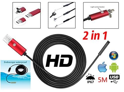 2 in 1 USB Endoscope Snake led Light Camera 5 Meter Semi-Rigid Borescope Inspection Waterproof Black