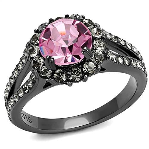 7.5 MM Light Rose Round Cut Crystal Engagement Ring, IP Light Black (IP Gun), Size 5,6,7,8,9,10 (10)