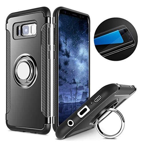 S8 Plus Phone Case &amp; Tempered Glass Screen Protector, RP Ben Multi-function Car Holder Stand Magnetic Suction Bracket Finger Ring TPU + PC Cover Case for Samsung Galaxy S8 Plus (Black)