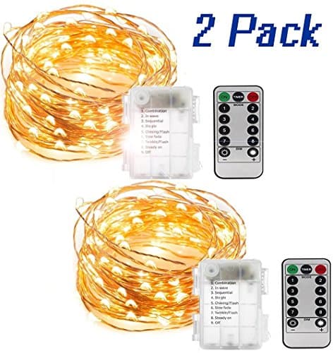 2 Pack Fairy String Lights, Battery Operated Waterproof 8 Modes Remote Control 60 LED String Lights 20 Feet Copper Wire Firefly lights for Bedroom Wedding Party Dinner Festival Decor Warm White