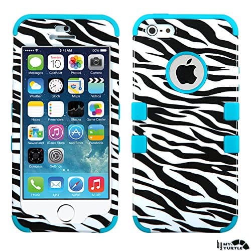 MyTurtle Shockproof Hybrid 3-Layer Hard Case Bundled with [9H Tempered Glass] Screen Protector Shock-Absorption and Anti-Scratch Bumper Back Cover for iPhone SE 5S 5 (Zebra Black Teal)