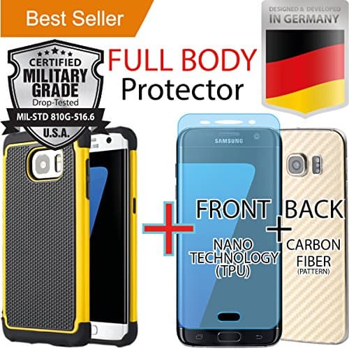 Samsung Galaxy S7 Edge [5.5] Pack [Heavy Duty] Case + [FULL BODY COVERAGE] (Front [TPU] + Back [Carbon Fiber]) Screen Protector [Dual Layer] Hybrid [Shock Absorbent] Cover [Anti Scratch] Yellow
