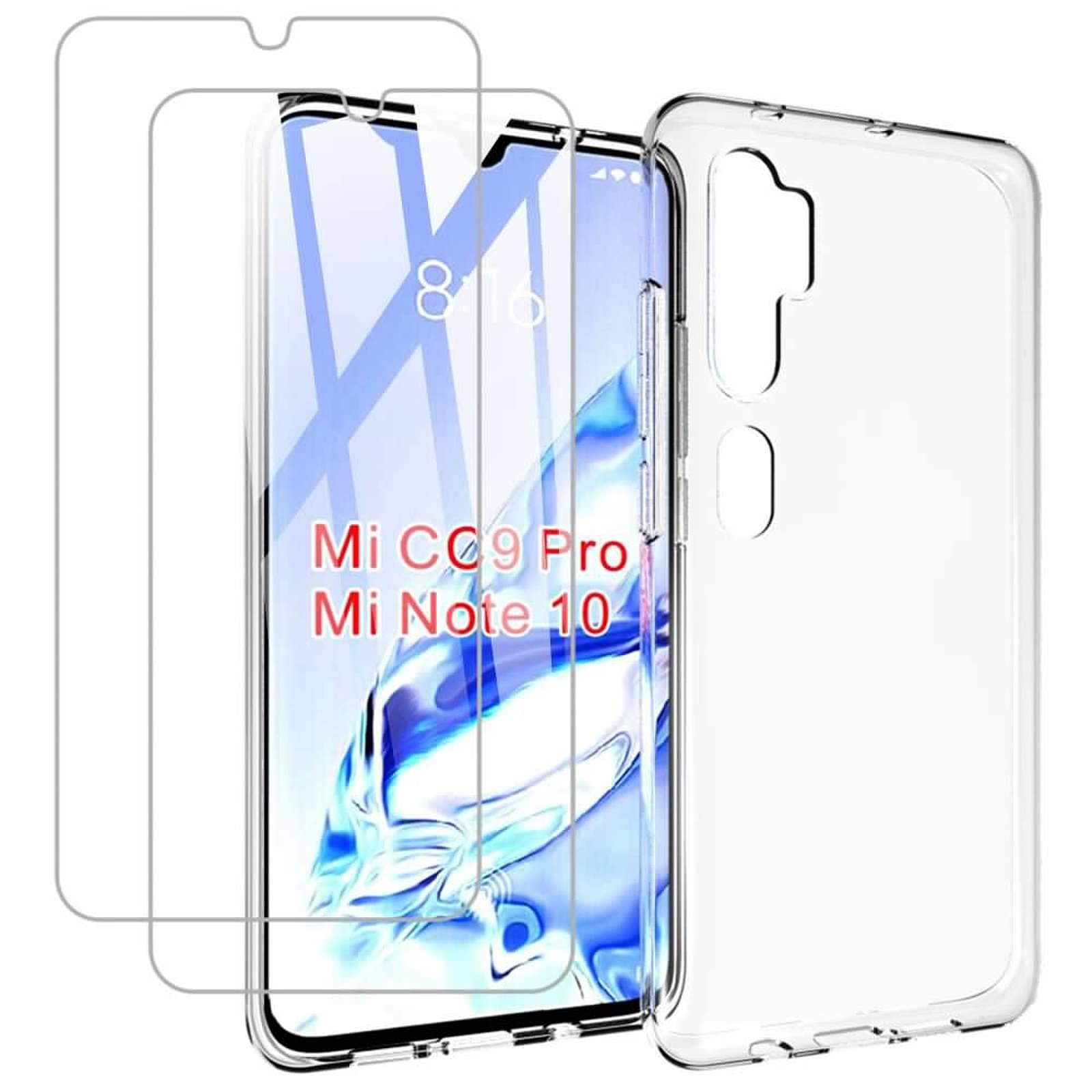 (3 in 1) for Xiaomi Mi Note 10 / Mi CC9 Pro Case + (2 Pack) Glass Screen Protector Slim Clear Soft TPU Silicone Phone Case Cover with (Clear) Transparent for Xiaomi Mi Note 10 / Mi CC9 Pro