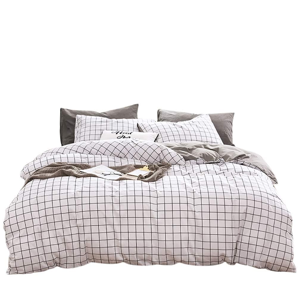 Double Duvet Covers Set Grey and White Grid with 2 Matching Pillowcases, 3PCS Checkered Plaid Bedding Set Double Bed Set Morden Luxury