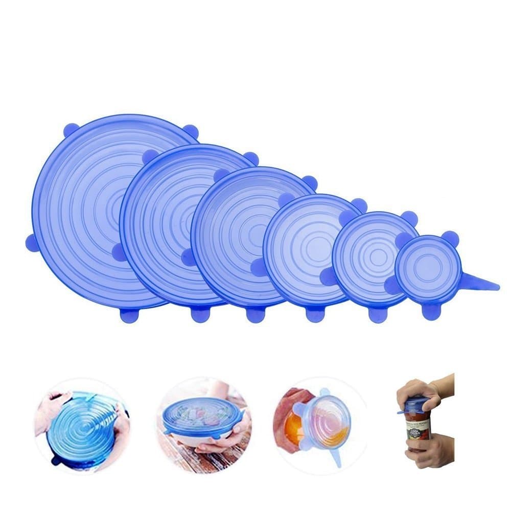 6 Sizes Silicone Stretch Suction Lids Fruit Bowl Covers Elastic Reuseable Fresh Food Storage Cover Kitchen Stretchable Wrap Lids for Cups Pots Jars Cans Blue