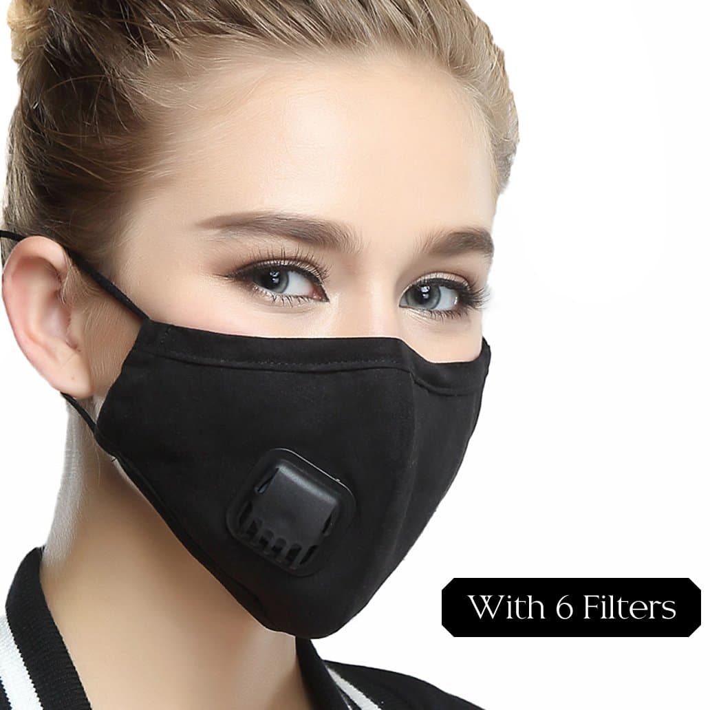 Mouth Masks With Valve Mask Washable Replaceable Filter Activated Carbon Dust Mask (One Mask + 6 Filters) Women Black