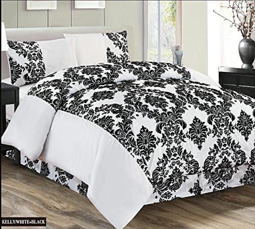 4Pc Damask Flock Complete Bedding Set/ Duvet Cover+Valance Sheet+Pillow Cases (Double, White Black)