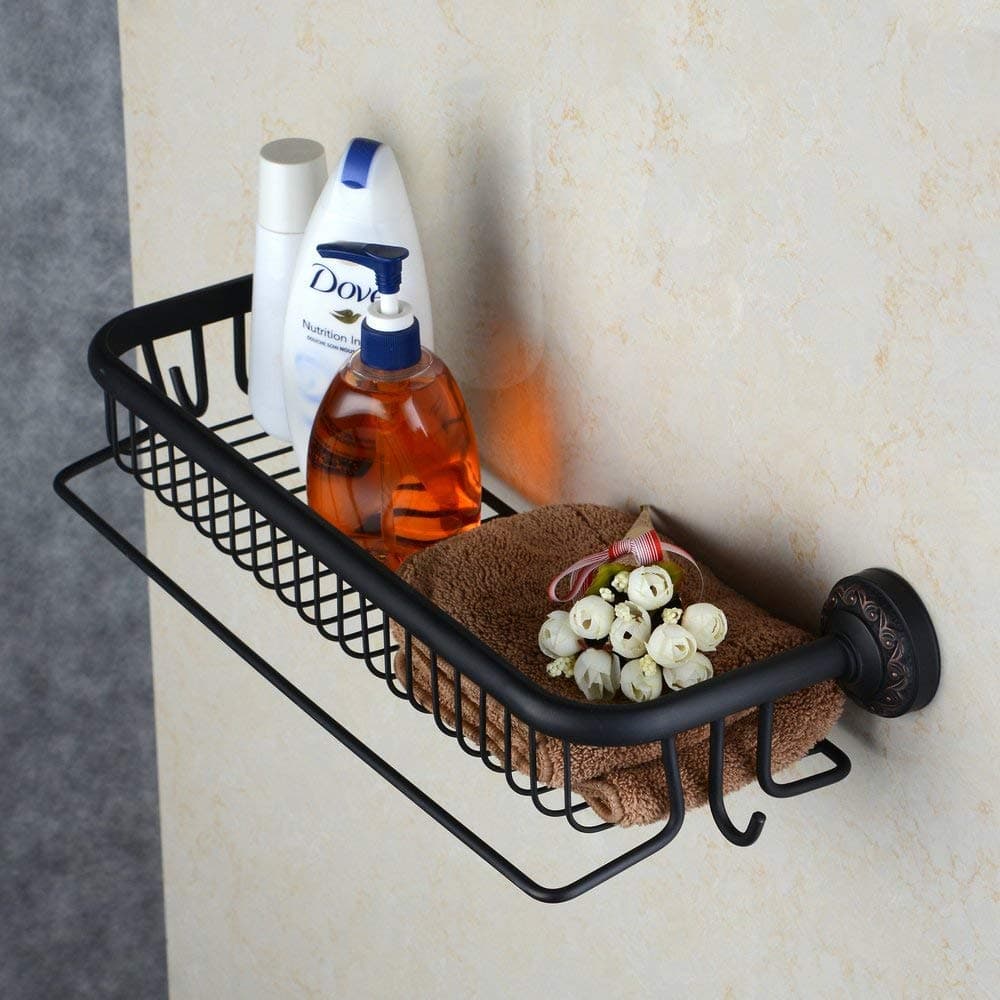 HiendureWall Mounted Solid Brass Bathroom Shelf Organizer with Towel Bar,Oil Rubbed Bronze