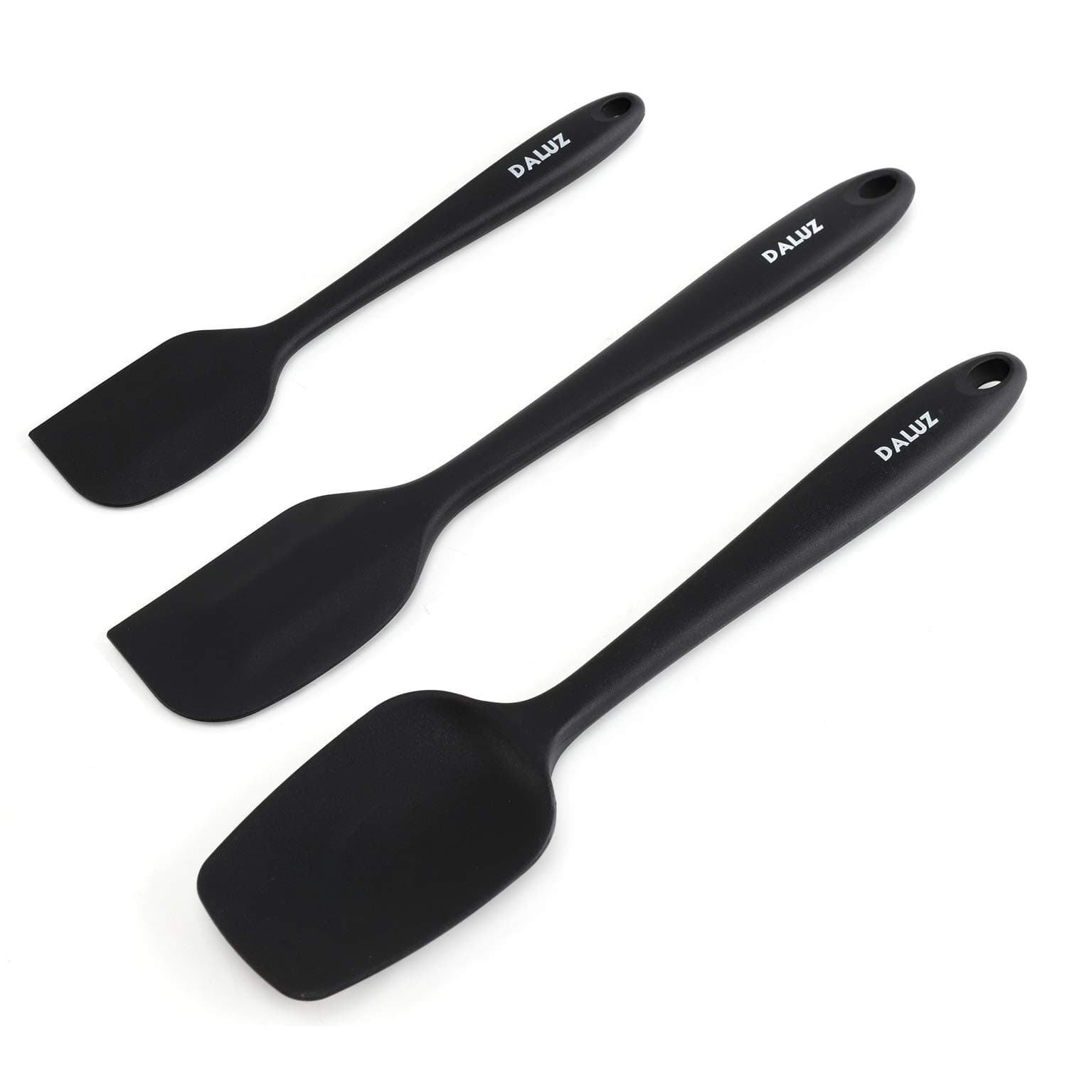DALUZ Silicone Spatula Set 3 Piece-Mini, Large Rubber Scraper& Spoonula 500F Heat Resistant with Stainless Steel Filler for Cooking Baking and Mixing (Black)