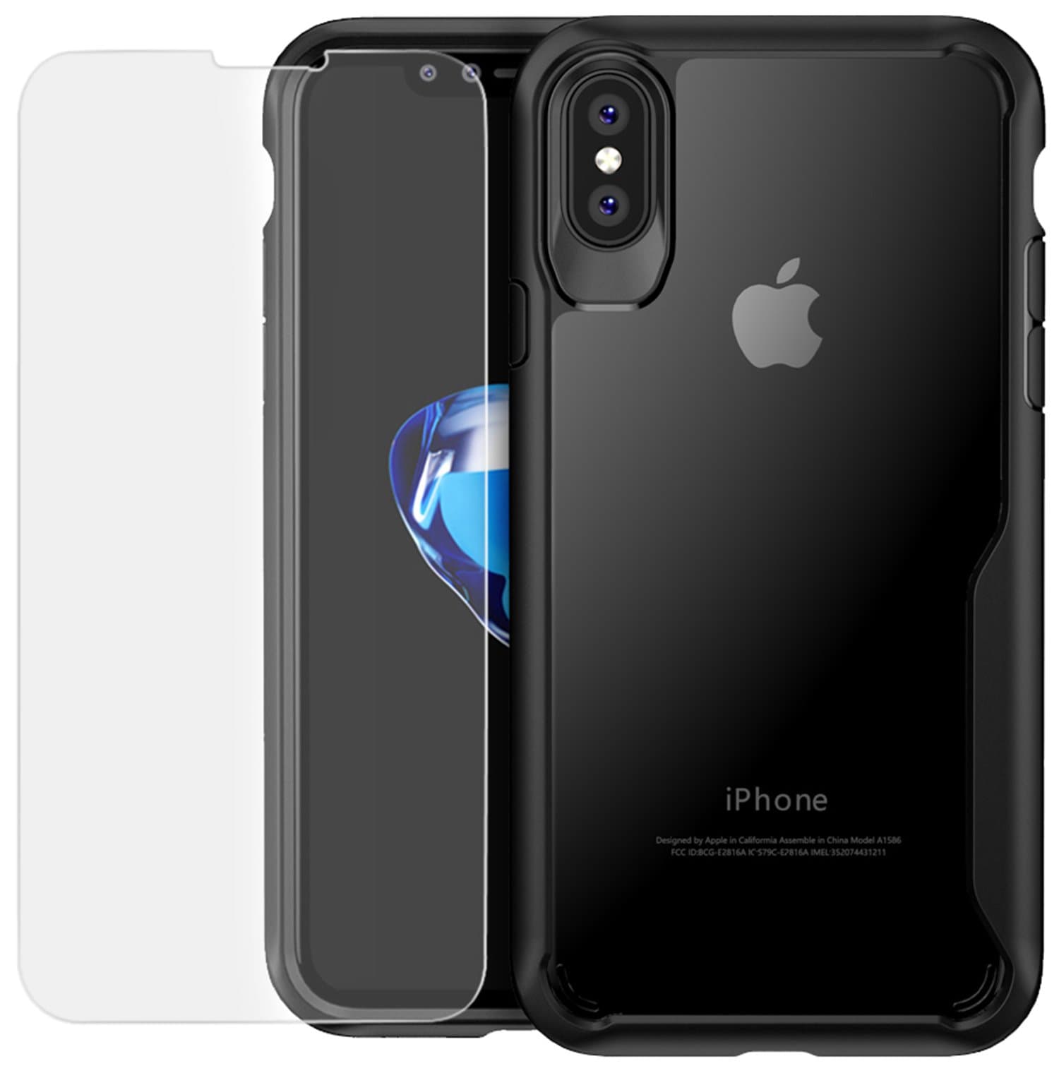 iPhone x Case, Casix Crystal Clear TPU [Rugged] HD [Thin] Hybrid Slim [Scratch Resistant] Protective Transparent Case [with Tempered Glass Screen Protector] for The iPhone x/10 - Black