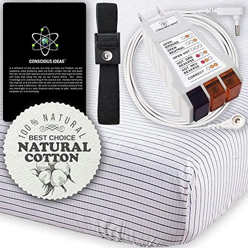 Earthing Grounding Sheet Grounded Fitted Mattress Sheets (white-Grey Strips) Conductive 400TC 95% Natural Cotton 5% Pure Silver Thread Healthy Earth Energy therapy bedding USA Tester Cord (Twin Size)