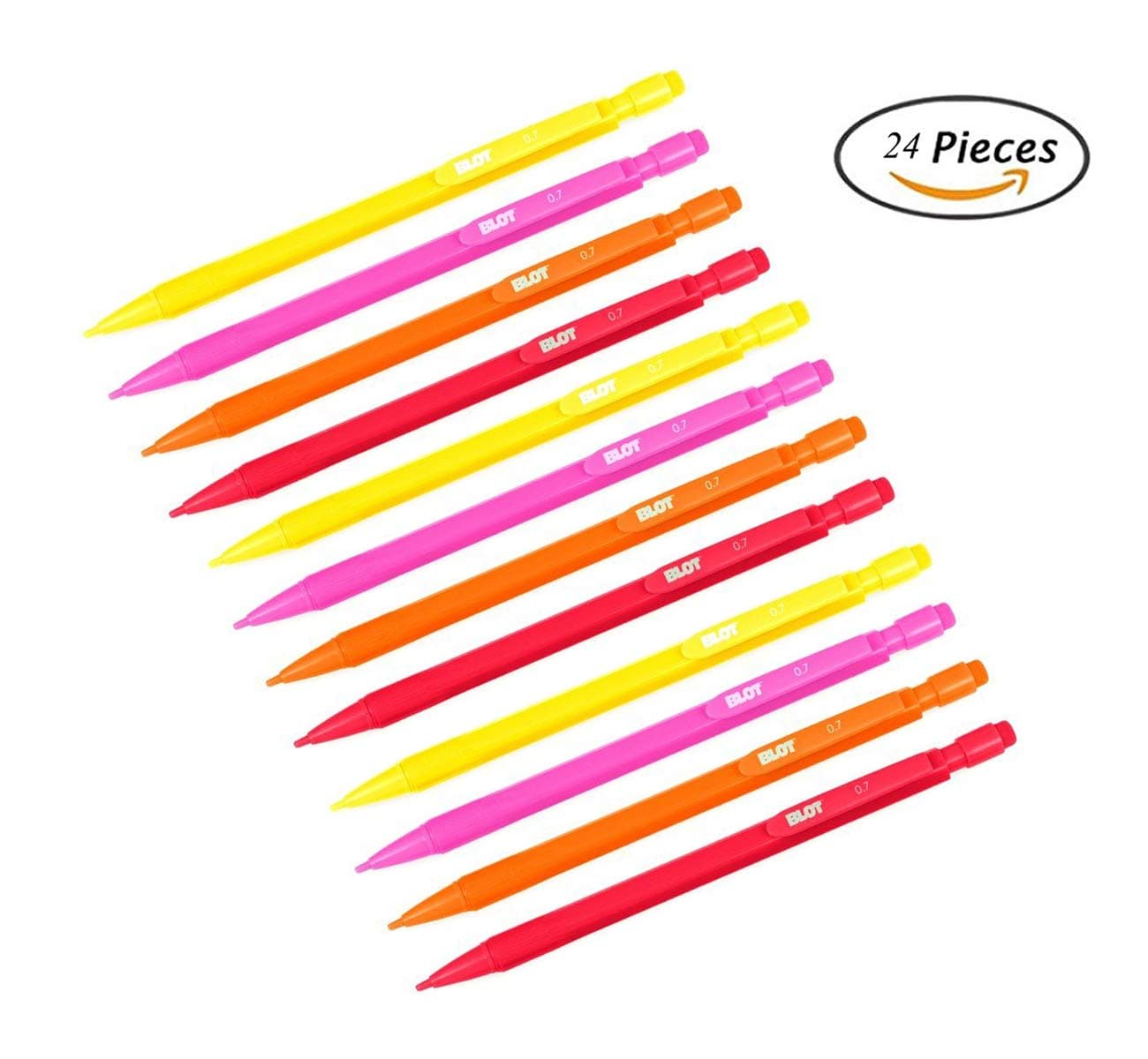 BLOT Mechanical Pencils 0.7 mm Medium Point, 2 Lead Pencil Grade, Built-in Eraser, 4 Assorted Warm Barrel Colors Mechanical Pencil Set - 24 Ct.