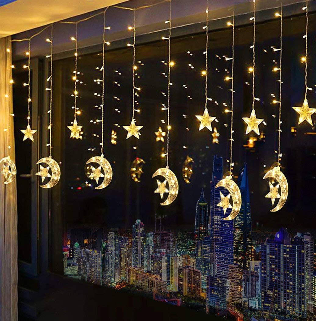 138 LED String Lights, Moon Star Curtain String Lights with 8 Flashing Modes Decoration for Wedding Party Home Garden Bedroom Outdoor Indoor Wall Window Christmas Tree