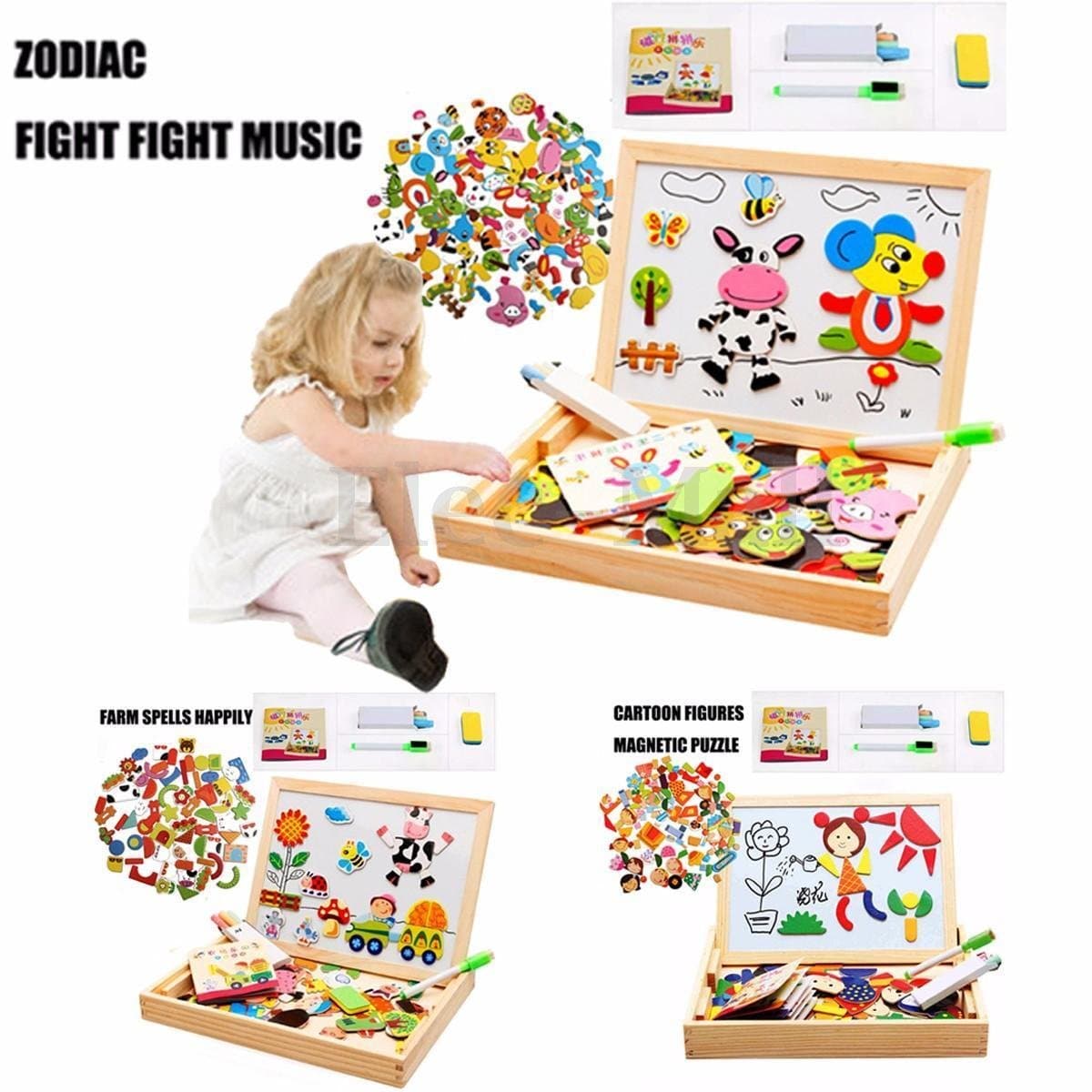 Kids Gift Drawing Writing Board Magnetic Puzzle Double Easel Kid Wooden Toy Sketchpad (Zodiac)