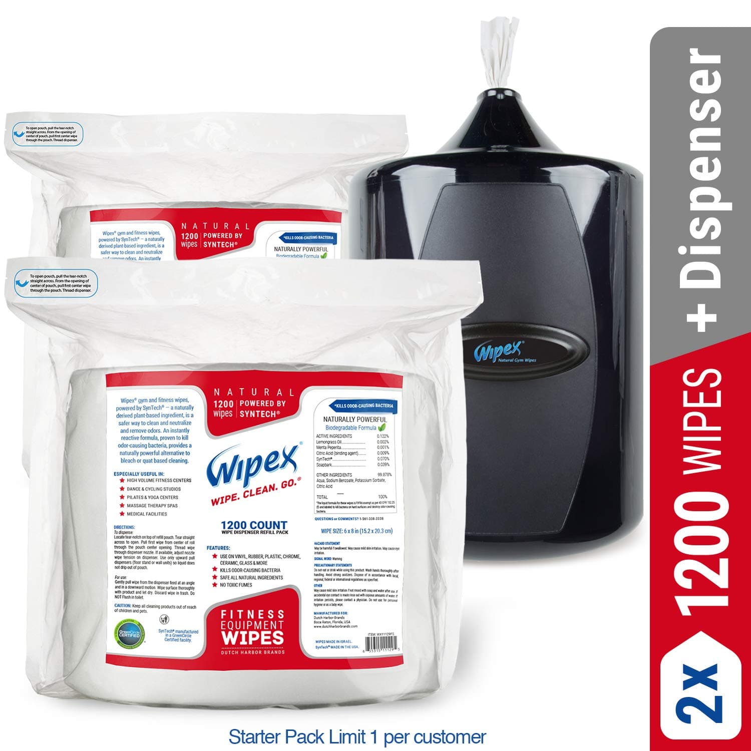 Gym Wipe Starter Pack: Upward-Pull Wall Dispenser Plus (2 X 1200ct Refills) Natural Gym Equipment Wipes for Dispensers, Kills Odor-Causing Bacteria, Unscented (Limit 1 per Customer)