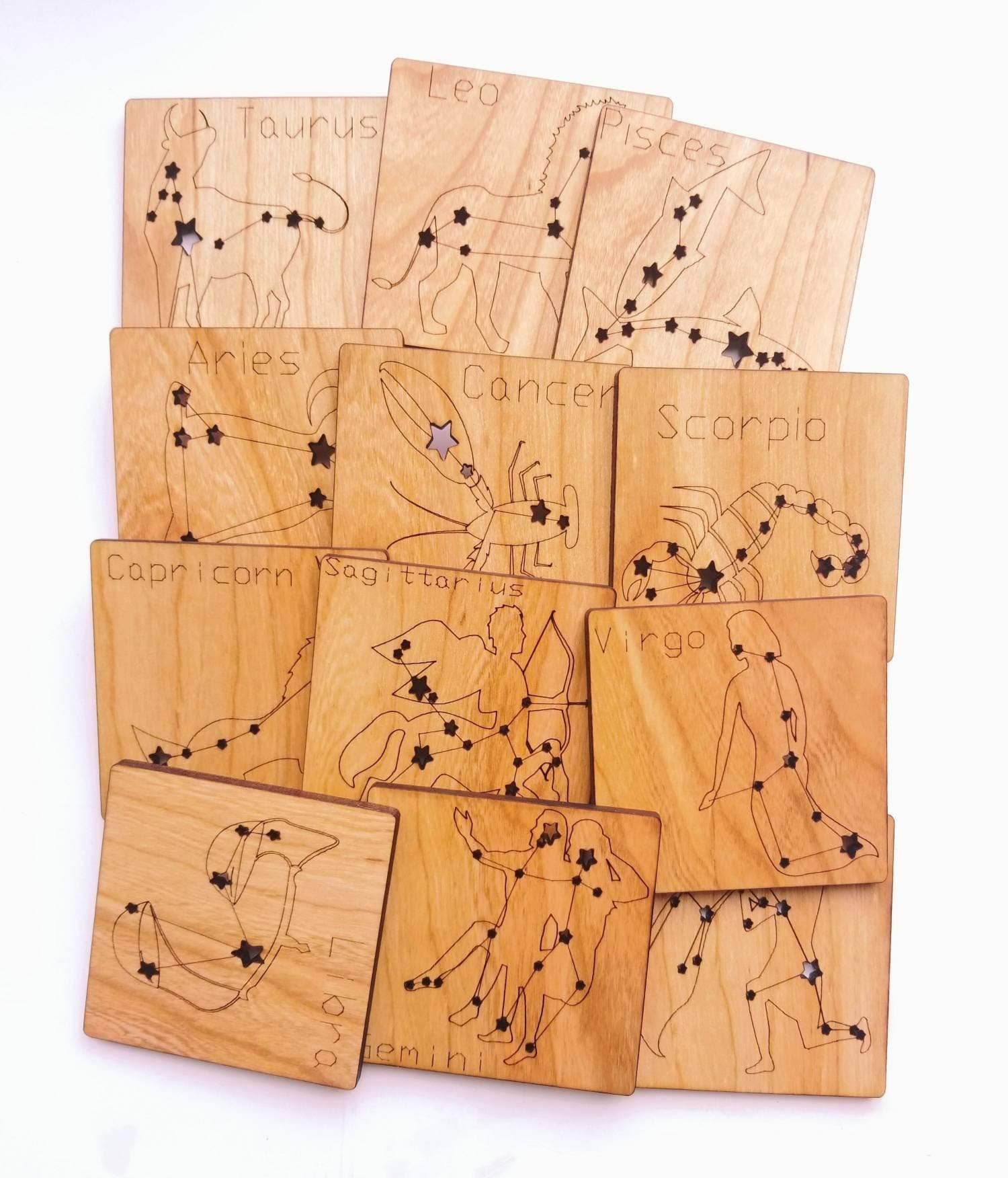 Constellation Learning - Zodiac Wooden Educational Tools - Coaster Tiles Gift for Science Teacher