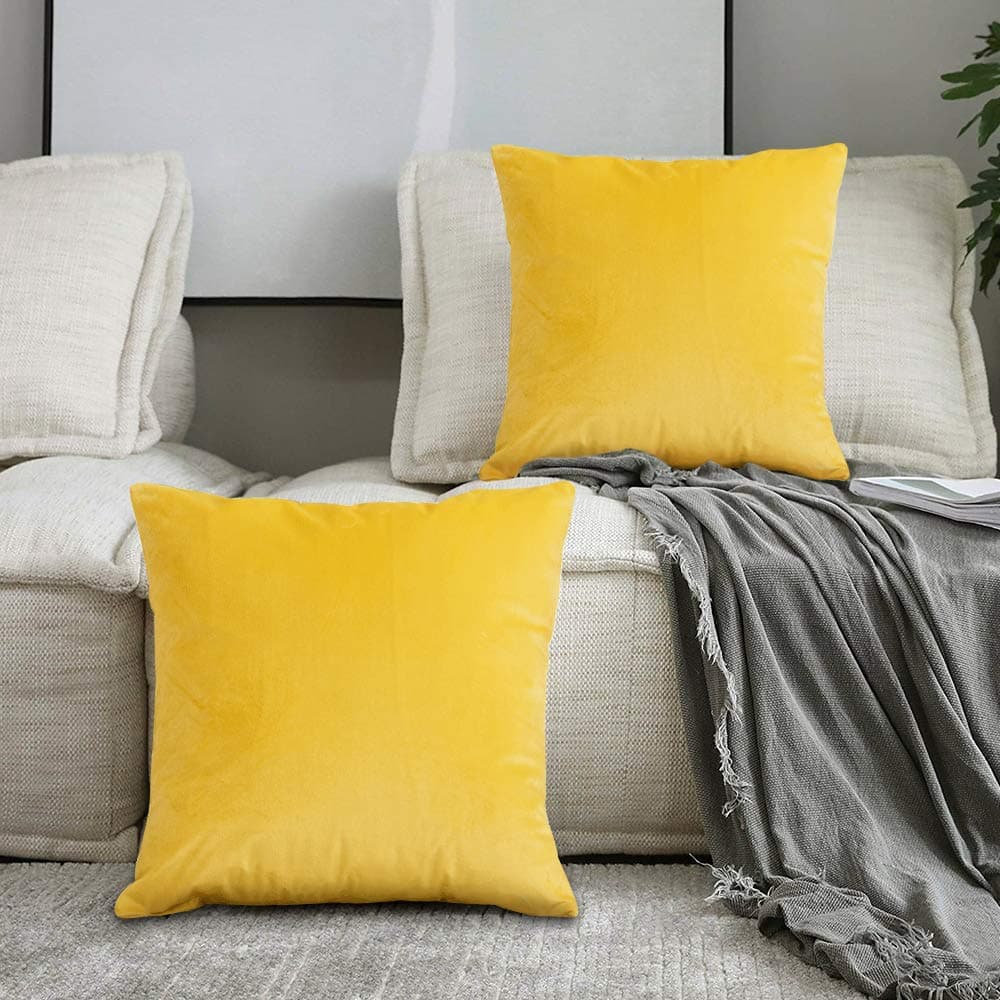 specool Velvet Cushion Covers 2Pcs Soft Decorative Throw Pillow Case 45 x 45 cm 18 x 18 inch Pillowcases with Invisible Zipper for Living room Sofa Bedroom Car Yellow