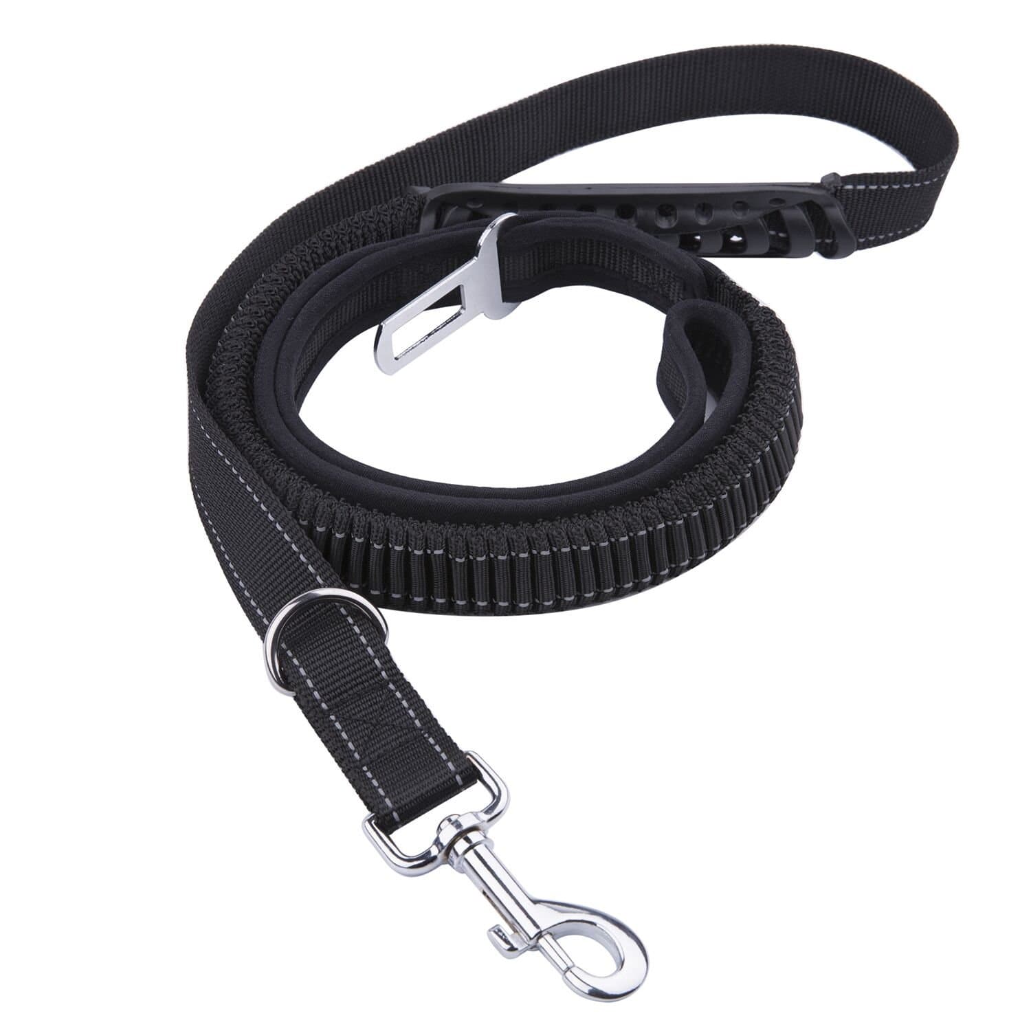 Flexi and Extendable Cat and Dog Lead for Training and Running, Hands Free Bungee Lead to Stop Pulling with Car Seat Belt Clip, Black