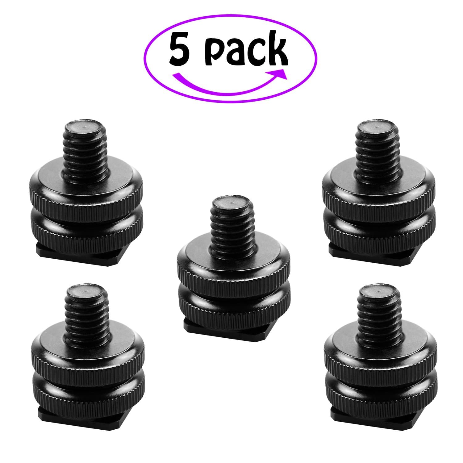 Camera 3/8"-16 Flash Hot Shoe Mount Adapter w/ Double Nuts to Tripod Screw Converter for DSLR Camera Rig Monitor LED Video Light (5 Pack)